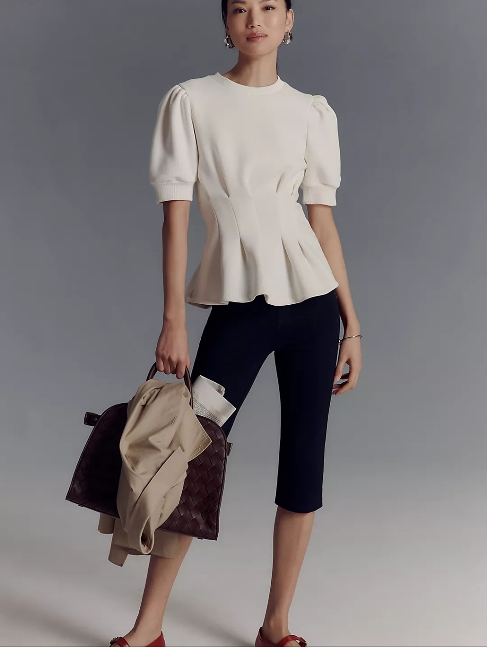 Maeve Puff-Sleeve Pleated-Waist Peplum Top